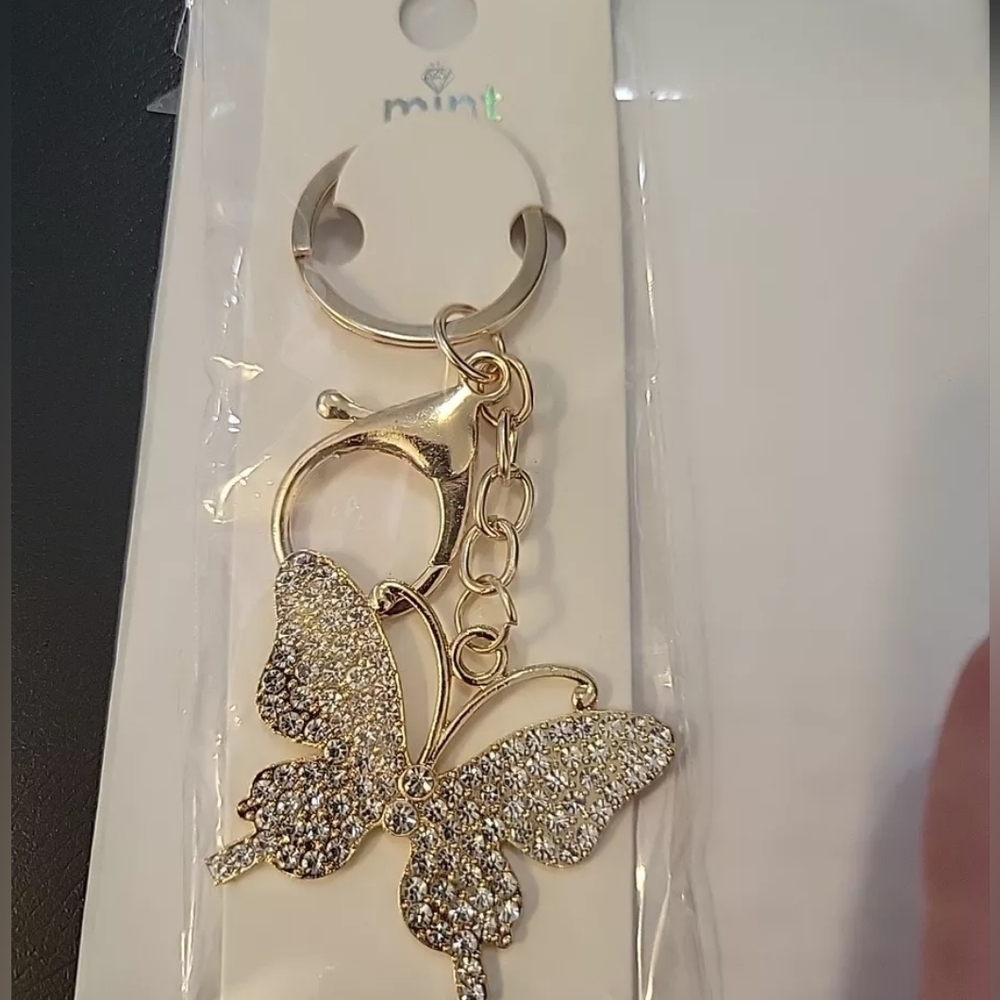 Butterfly Rhinestone Crystal Charm Gold Keychain For Purse, Luggage Add On Charm